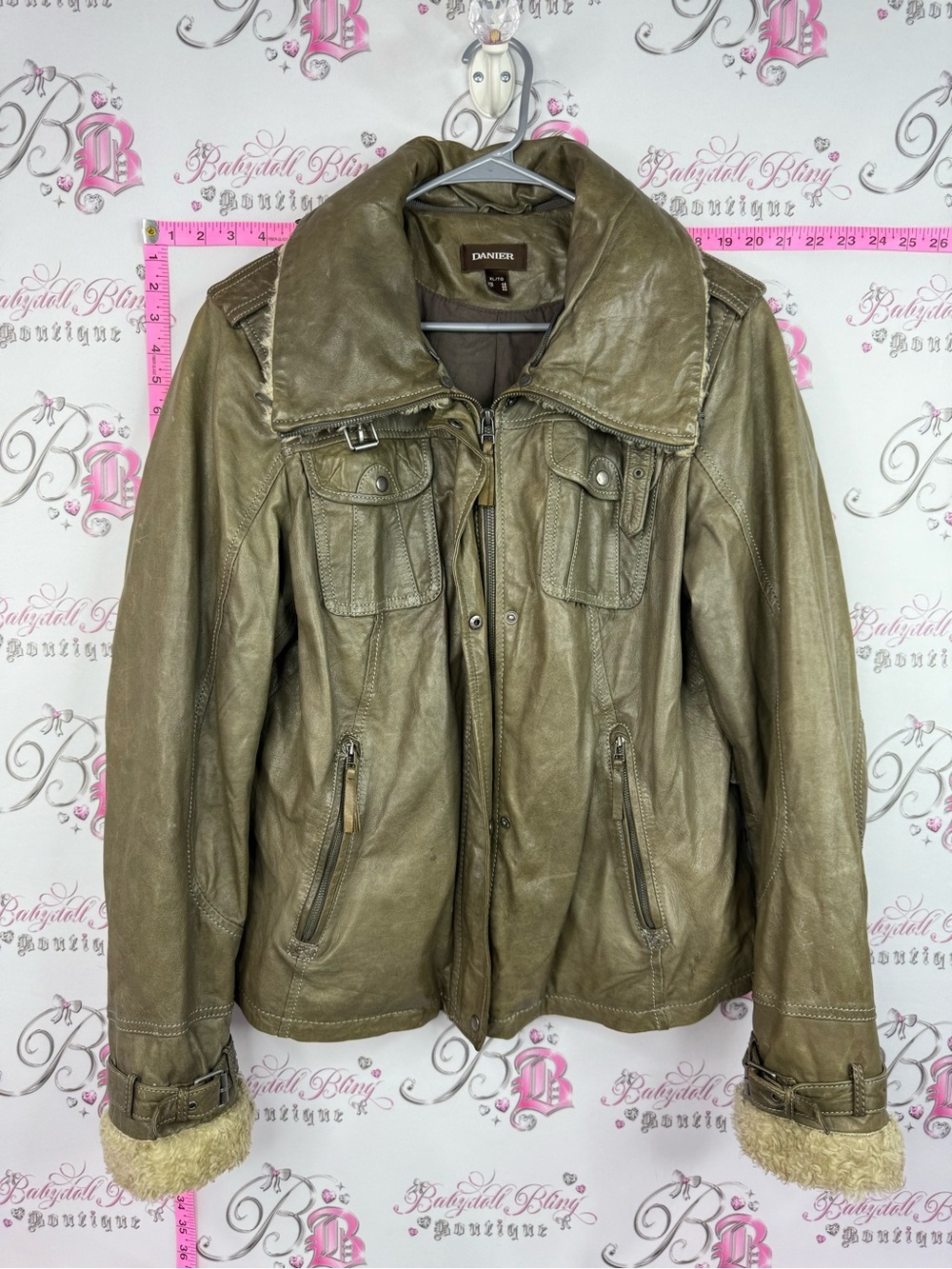 Danier leather coat Olive Leather Jacket with Shearling-Trim Cuffs